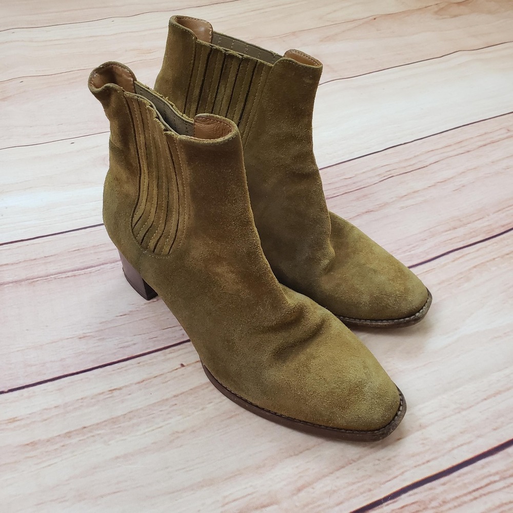 Sezane Boots Womens Size 8 Brown Suede Chelsea Ankle Block Heel Leather Italy